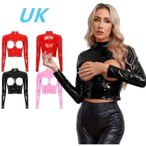 AU Women PVC Leather Crop Tops Long Sleeve Hollowing Breast Zipper Tops Clubwear - Picture 1 of 42