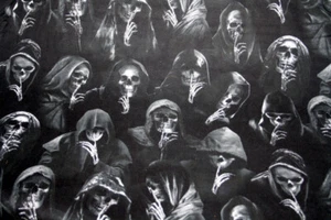 WICKED AND EVIL - PONDERING SKELETONS FROM TIMELESS TREASURES 100% COTTON FABRIC - Picture 1 of 5