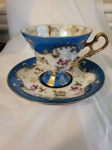 Royal Sealy Footed Teacup & Saucer Set Blue Pink Rosebuds Gold Irridescent Glaze - Picture 1 of 7