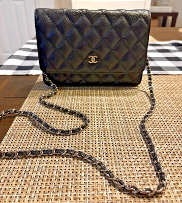 Caviar Quilted Wallet on Chain - Black & Silver Crossbody - Image 1 of 4