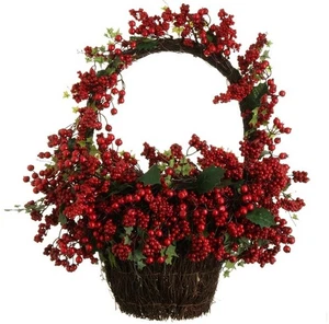 Raz 22" Country Rustic Red Rosehip Berries and Vines Christmas Wall Basket - Picture 1 of 1