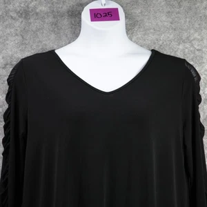 Clara Sun Woo Shirt Women 1X Black Sheer Ruched Sleeve Curved Split Hem Made USA - Picture 1 of 7