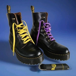 Doc Martens Leona Combat Boots Wmn 7 US Chunky Platform Black Leather Xtra Laces - Picture 1 of 20