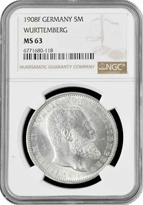 Wurttemberg 5 mark 1908 F, NGC MS63, "King William II (1891 - 1918)" silver coin - Picture 1 of 2