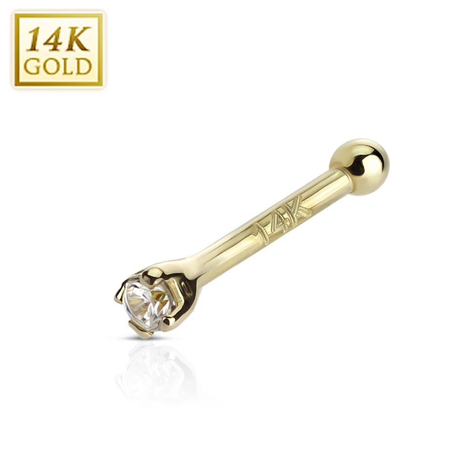 Clear Prong Set 2mm CZ 14K Yellow Gold Nose Ring Bone Stud Piercing 20G - Image 1 of 1
