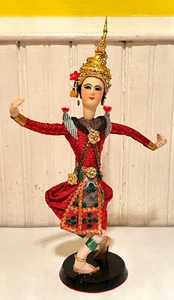 Vintage Oriental Thailand Traditional Dance Costumed 11.5" Figure on Wooden Base - Picture 1 of 12