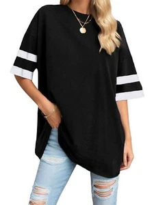 Women's Oversized Tees Loose T Shirts Half Sleeve Crew Neck Color Block Cotton - Picture 1 of 8