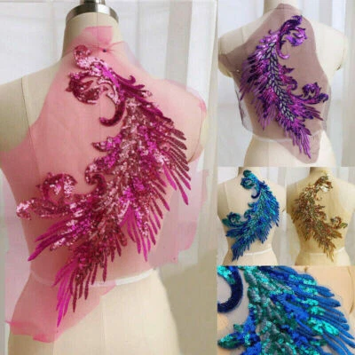 Peacock Embroidery Lace Applique Sequins Tulle Patch DIY Sewing Clothing Decor - Image 1 of 4