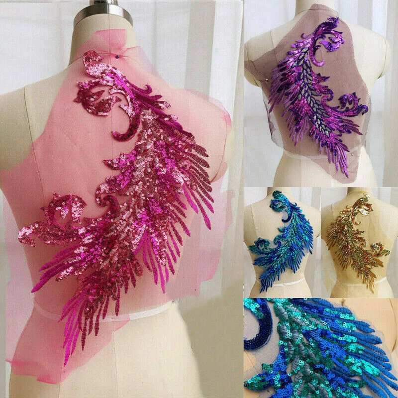 Peacock Embroidery Lace Applique Sequins Tulle Patch DIY Sewing Clothing Decor - Image 1 of 4