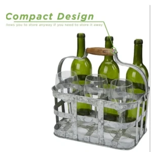 Farmhouse Bottle Carrier 6 Can Beer Wine Glass Holder, 6 Compartment, Silver - Picture 1 of 7