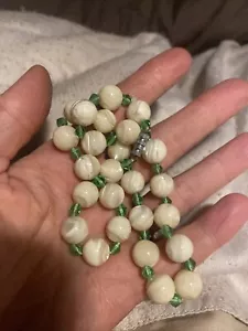 ANTIQUE MOTHER OF PEARL BEAD NECKLACE & Green Bicone GLASS SEPARATORS - Picture 1 of 3