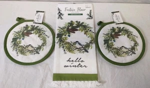 Giftcraft "Hello Winter" Tea Towel & Potholders Set Christmas Chickadee - Picture 1 of 10