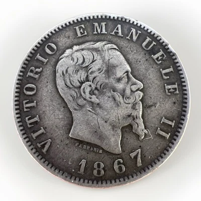 Italy 1 Lire Milano, 1867 Vittorio Emmanuel Il Silver KM#5a 4.93gr Gh225 - Image 1 of 2