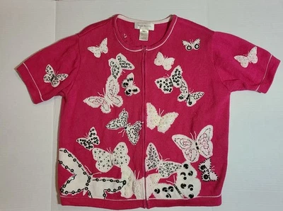 Vintage Y2K Whimsy Fairy Sweater Hand  Embroidered Butterfly Pink Zipper Size XL - Image 1 of 4