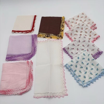 LOTE DE COLECCIÓN 9 Pañuelos Bordes Crochet Algodón y Lino Floral Rosa Púrpura Rosas Foto 1 de 4
