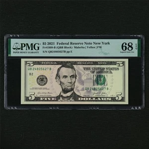 2021 Federal Reserve Note New York 5 Dollars Fr#1999-B PMG 68 EPQ Superb Gem UNC - Picture 1 of 4