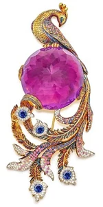 Round Lab Pink Sapphire Peacock Brooch 925 Fine Silver Artisan Auction Jewelry - Picture 1 of 4