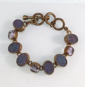 Fabulous Dina Mackney Druzy and Natural Amethyst Toggle Bracelet Brass - Picture 1 of 7