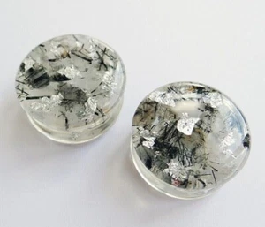 Rutilated Quartz ear plugs Double flare stone gauges Resin tunnel Boyfriend gift - Picture 1 of 7