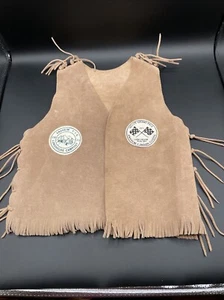 Vtg Handmade Anaheim YMCA Navajo Nation Leather Vest Youth Fringe Brown - Picture 1 of 6