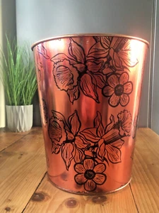60'S RETRO BEVERLEY COPPER FLORAL FLOWER POWER TIN WASTE PAPER BIN REGENCY WARE - Picture 1 of 12