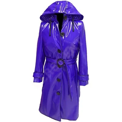 Women's PVC Leather Trench Vinyl Shiny Light Weighted Raincoat Hood Trench Coats - Image 1 of 4