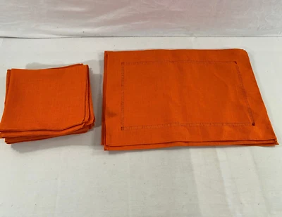 6 Vintage MCM Plain Orange Linen Table Placemats & Napkins (12 Items Total) - Image 1 of 4