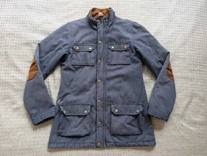 Kule Jacket Women Medium Blue Canvas Elbow Patches Quilt Lined Full Zip Snap - Picture 1 of 14