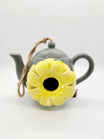 NWT Jo-Ann Ceramic Yellow Flower Gray Teapot Birdhouse Decor Cover