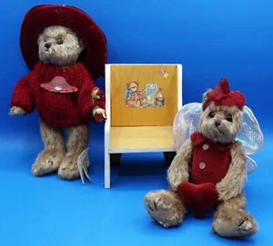 VINTAGE 3 pc MIXED PLUSH BEAR & WOOD CHAIR LOT HANDMADE BURGUNDY & WINGS - Picture 1 of 5