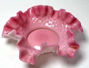 Vintage Fenton Pink Peach Blow Ruffled Edge Hobnail Trinket Dish Bowl Milk Glass - Picture 1 of 4