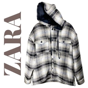 ZARA MEN’S WOOL BLEND PLAID SHACKET HOOD BEIGE BLACK WHITE, SIZE LARGE - Picture 1 of 11