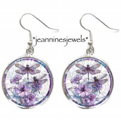 Dragonfly EARRINGS Purple Flowers Art Print Silver Charm Dangle Earrings - Image 1 of 4