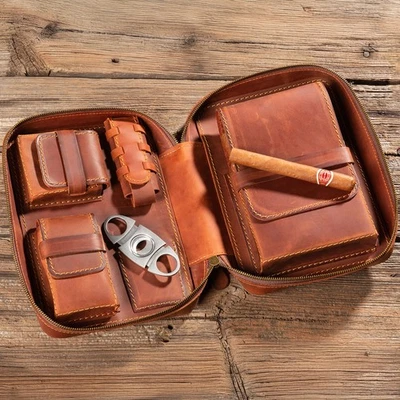 Leather Cigar Case Personalized Cigar Holder Travel Humidor Box Accessories - Image 1 of 4