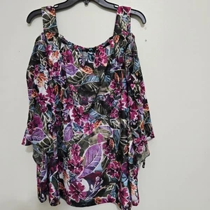 CATHERINES Floral Cold Shoulder Boho Chic Colorful Blouse 2XW PETITE Multicolor - Picture 1 of 15