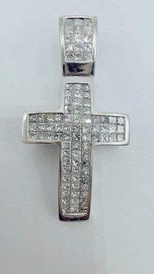 Кулон в виде креста из белого золота 14 карат — натуральные бриллианты огранки принцессы 2,50 карата — 5,2 г - Изображение 1 из 4