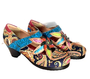 SOCOFY Boho Cutout Bootie Sz 38 Shoes Bright Paisley Flower Canvas & Leather - Picture 1 of 9