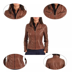 Chaqueta de cuero tostado oscuro para mujer 100 % piel de oveja real motocicleta motociclista chaqueta - Imagen 1 de 8