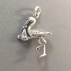 .925 Sterling Silber 3-D STORCH MIT BABY CHARM Neugeborenes Säugling NEU 925 HL01 - Bild 1 von 3