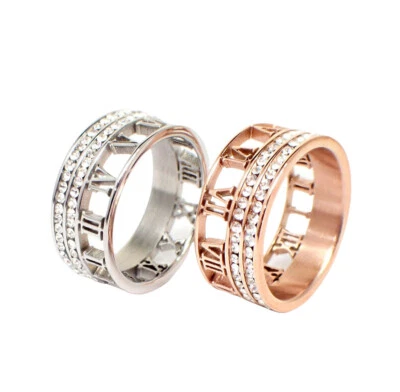 Edelstahlringe Damen Ring 10mm Band Partnerring silber rose Römische Steine - Bild 1 von 4