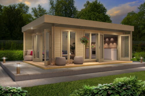 Gartenhaus Holz 70mm SABRINA 660x480cm ISO Doppelnut inkl. Boden und Terrasse