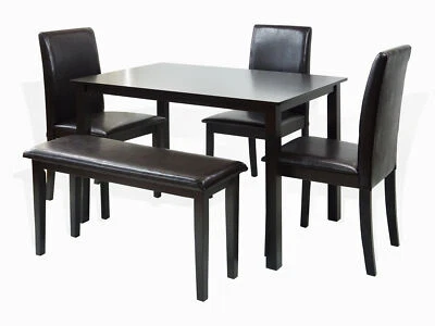 Dining Kitchen 5-pc Set Rectangular Table 3 Fallabella Chairs Bench, Espresso - Image 1 of 4