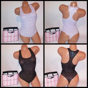 Victoria Secret Lingerie Teddy Bodysuit One Piece Black Purple Leopard Lace Snap - Picture 1 of 8
