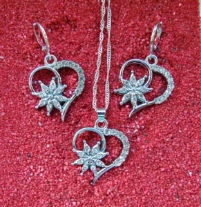 925 Silber Schmuck Set Herz- Blume Zirkon  Kette Anhänger Creolen neu - Bild 1 von 5