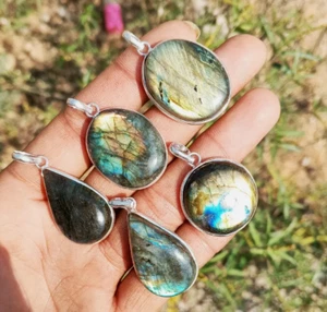 Flashy Labradorite Pendant Lot,Genuine 925 Sterling Silver Plated Pendant Lot~ - Picture 1 of 3