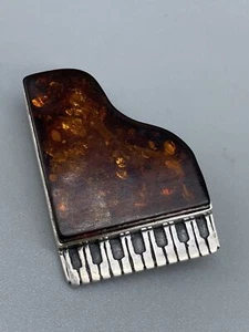 Vintage Designer Grand Piano Sterling Silver 925 CO Amber Etched Details Brooch - Picture 1 of 14