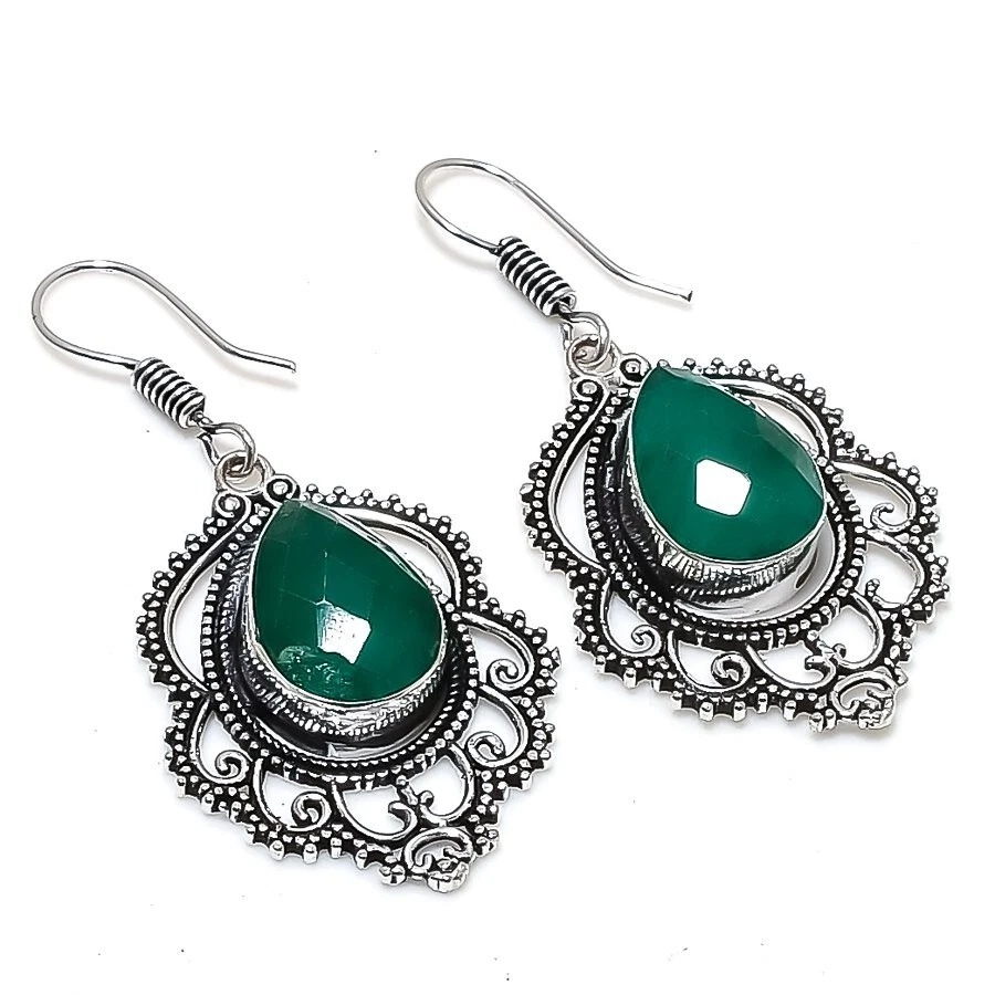 Pendiente de joyería de plata de ley 925 hecho a mano con piedras preciosas de jadeíta verde talla 1,6" Foto 1 de 1
