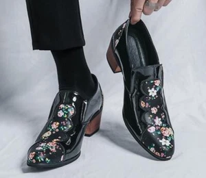 Men's Faux Leather Patchwork Pointy Toe Floral Print Shoes Dress Wedding Oxfords - Picture 1 of 15