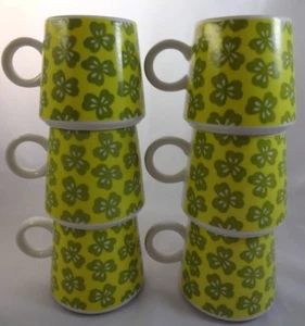Vintage 1970s 6 Mug Set Green Yellow Flowers Hippie Era Loop Handles Stackable - Picture 1 of 6