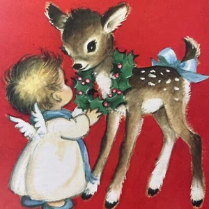 Vintage Weihnachtskarte Marjorie Cooper Engel Mädchen Rehkitz Baby Rentier Freunde EUC - Bild 1 von 7